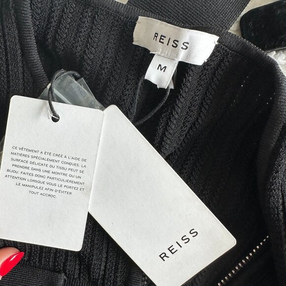 NWT Reiss Emily Knitted Mini Dress Medium in Black Collarless Front Zip w/ Belt - Picture 3 of 11